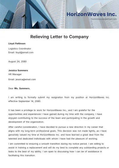 Free Relieving Letter to Company Template to Edit Online