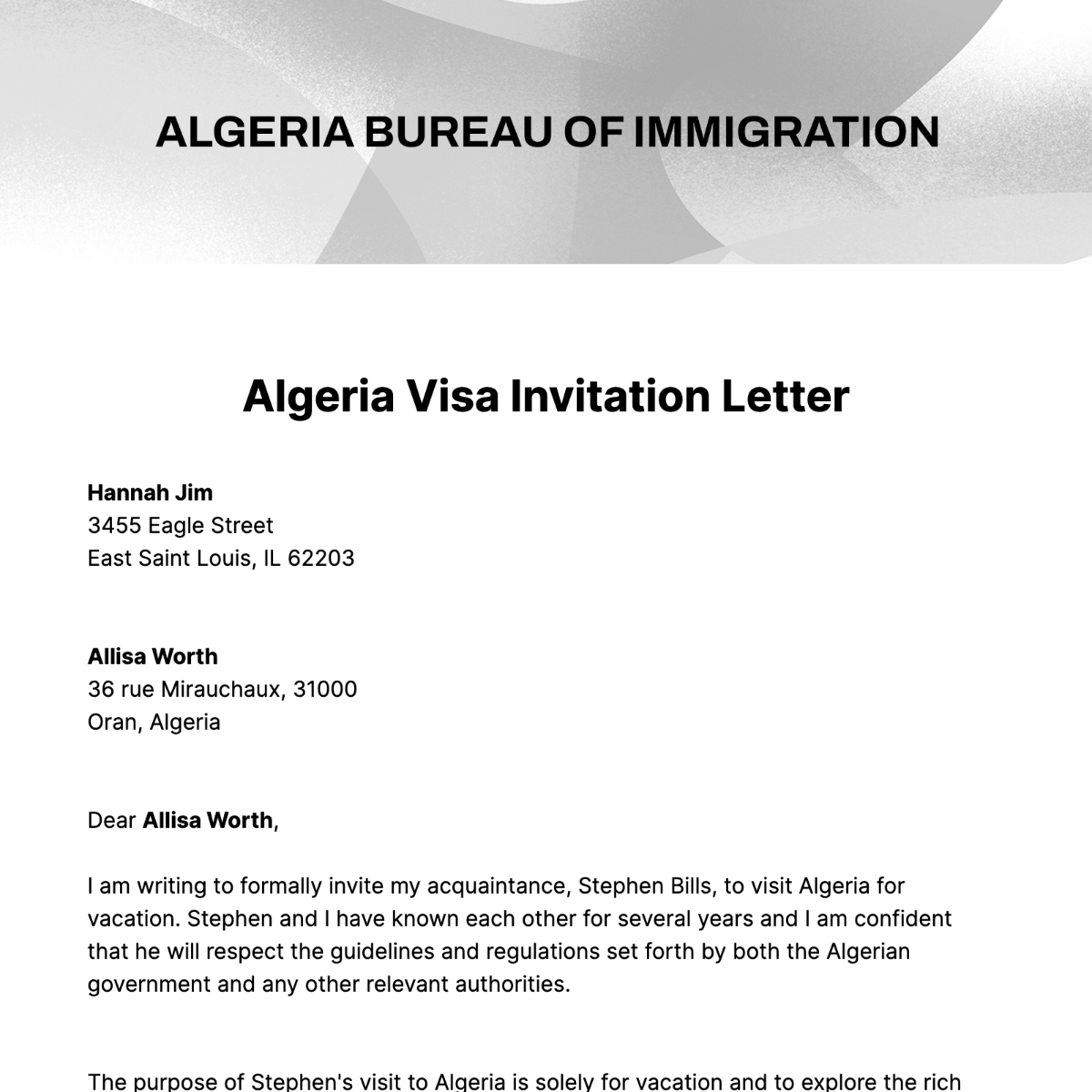 Algeria Visa Invitation Letter Template