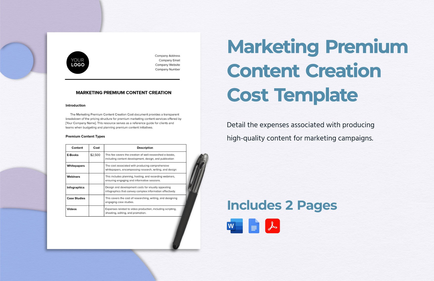 Marketing Premium Content Creation Cost Template