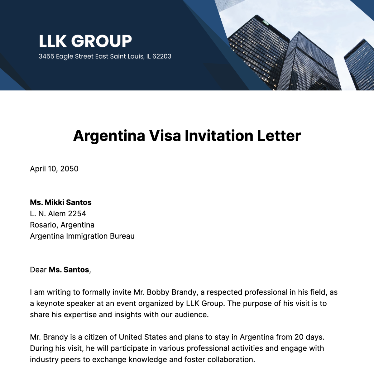Argentina Visa Invitation Letter Template