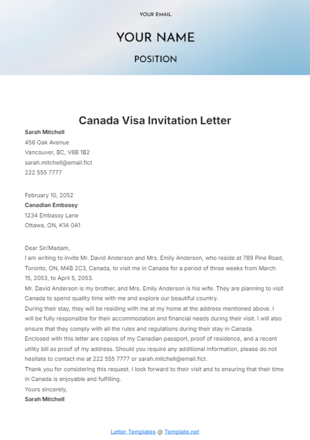 Canada Visa Invitation Letter Template