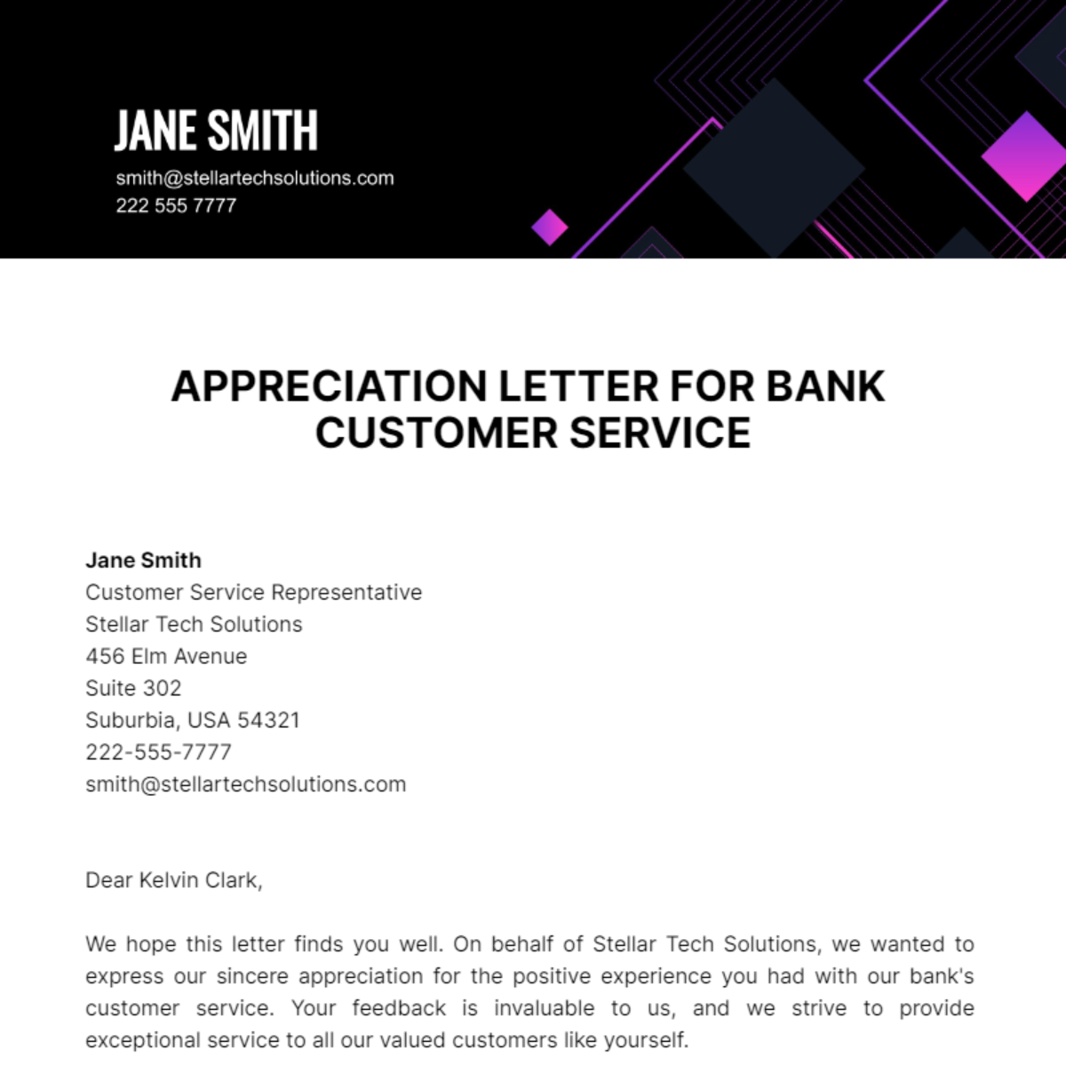 Appreciation Letter For Bank Customer Service Template