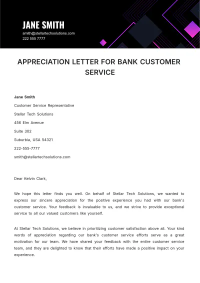 Free Appreciation Letter For Bank Customer Service Template to Edit Online