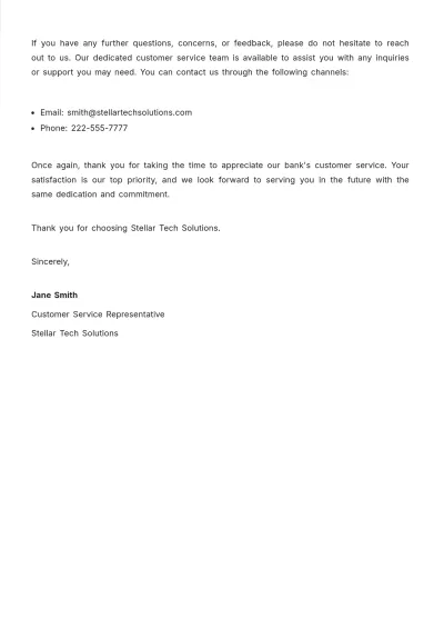 Free Appreciation Letter For Bank Customer Service Template to Edit Online