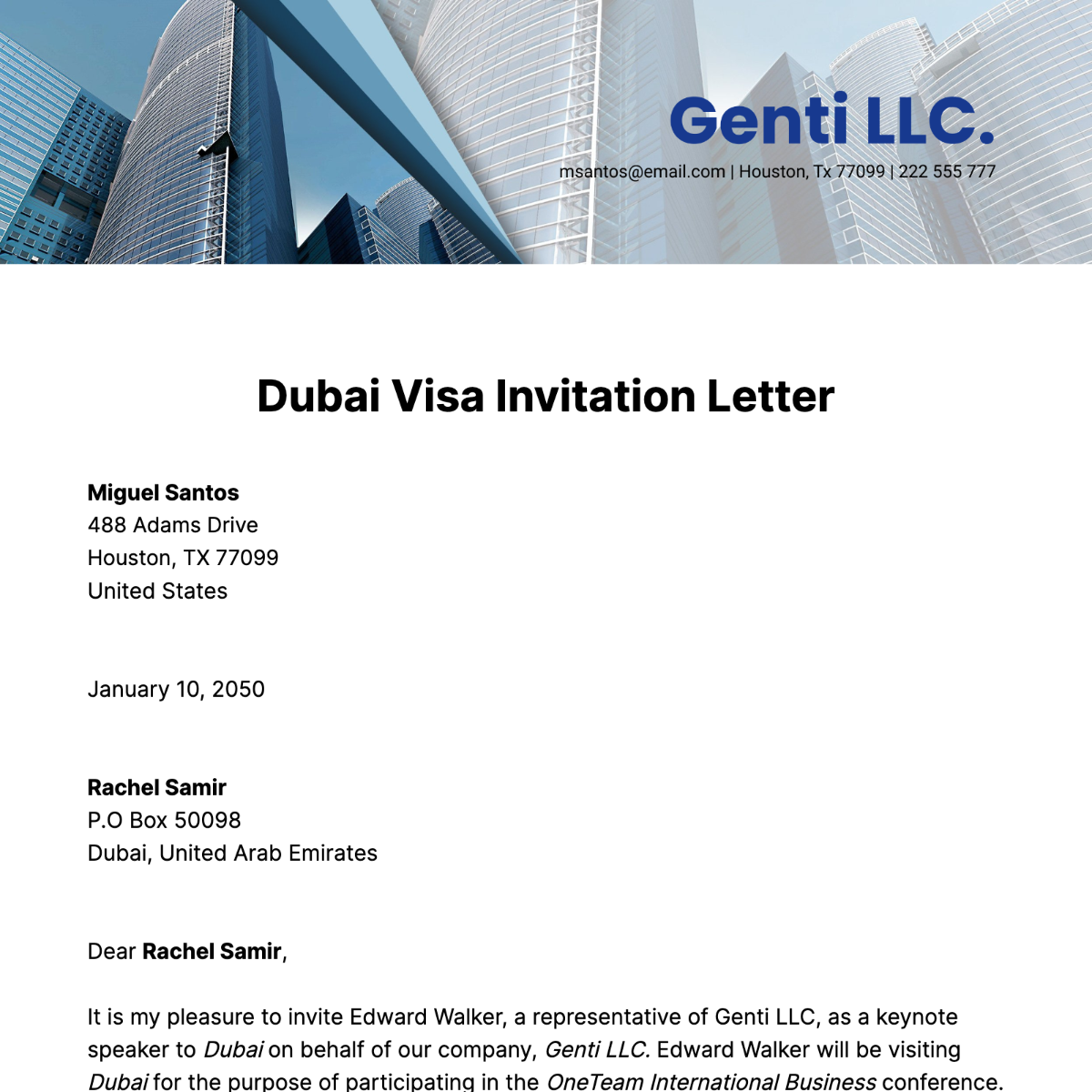 Dubai Visa Invitation Letter Template