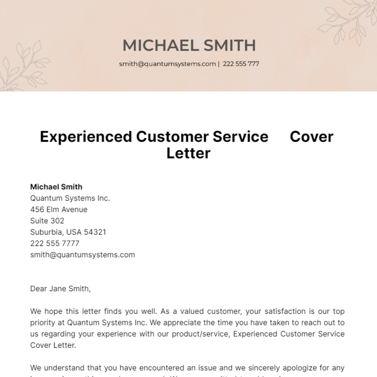 Experienced Customer Service Cover Letter Template