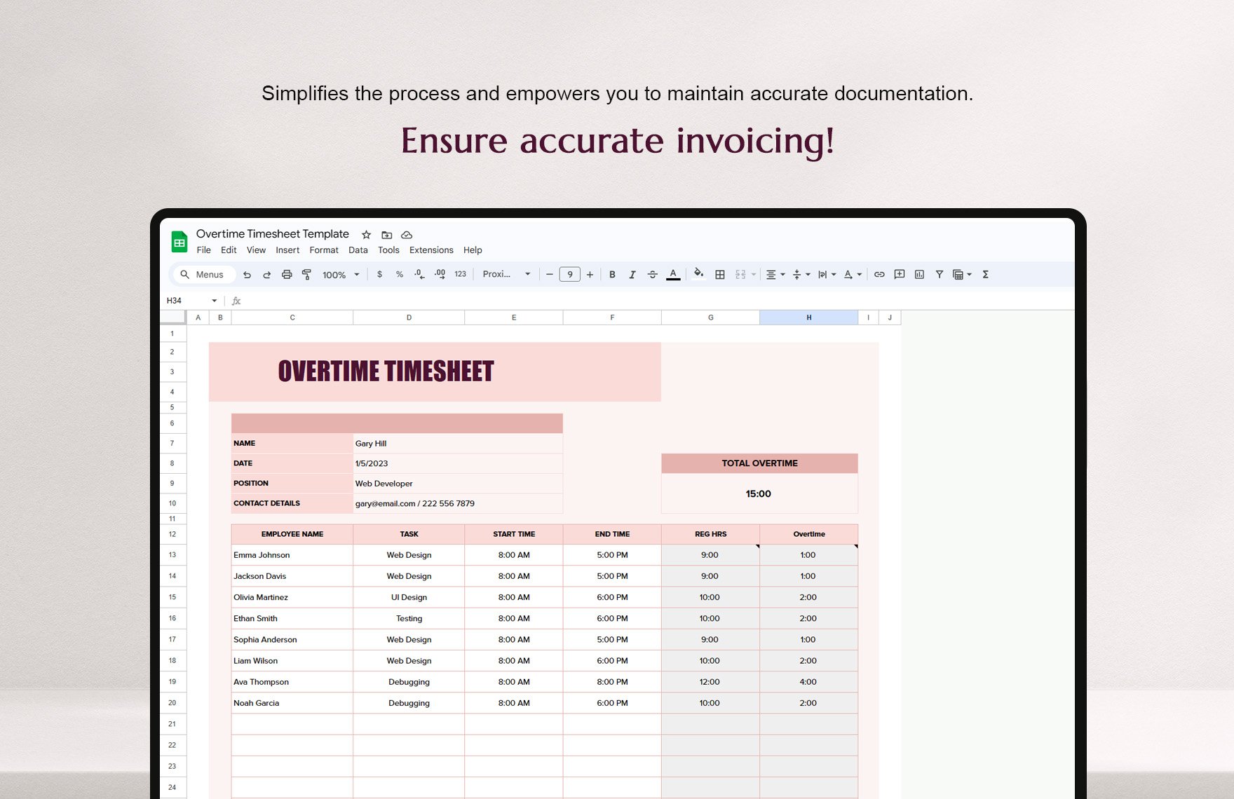 Overtime Timesheet Template in Excel, Google Sheets - Download ...