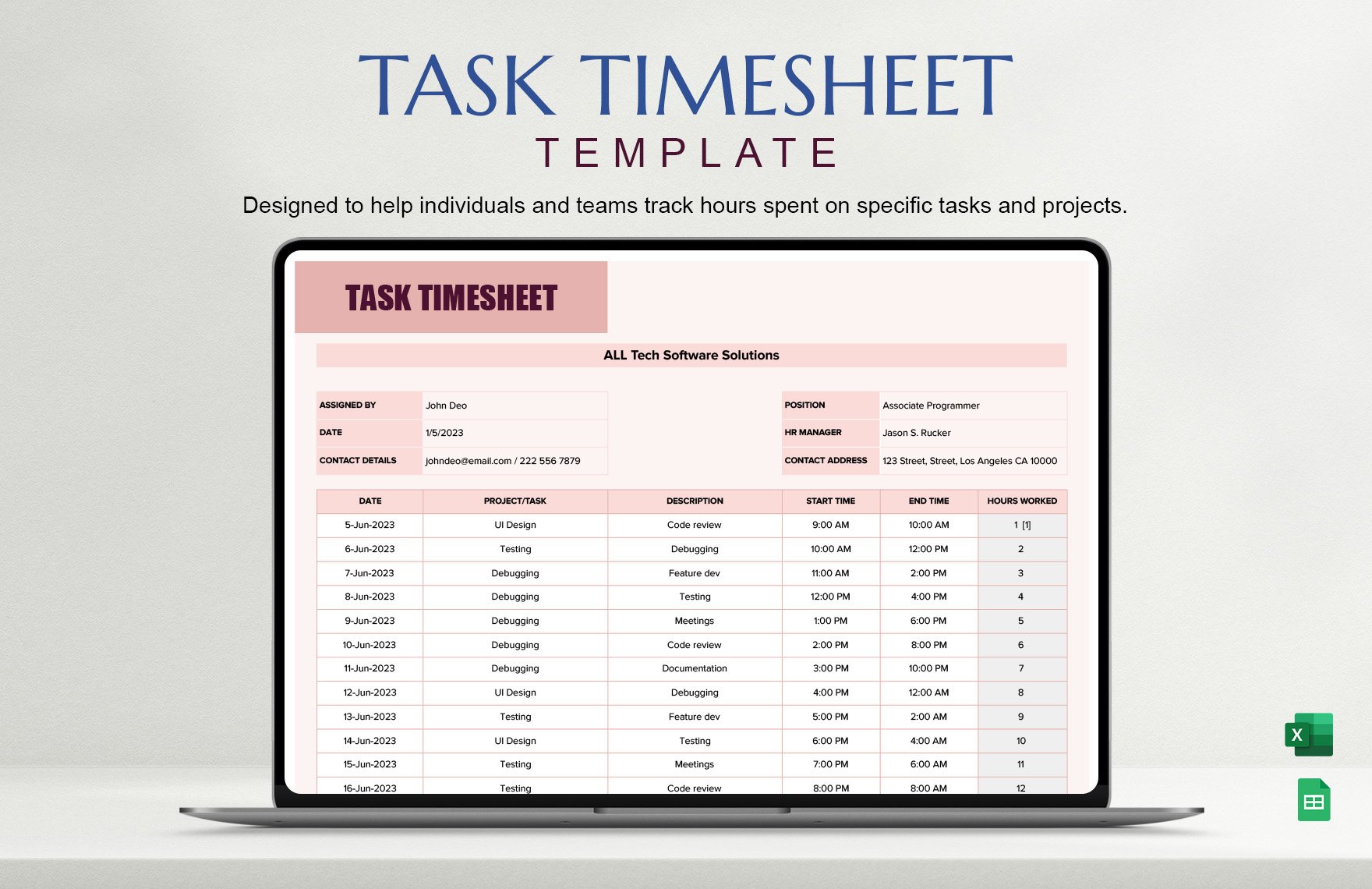 Free Task Timesheet Template in Excel, Google Sheets