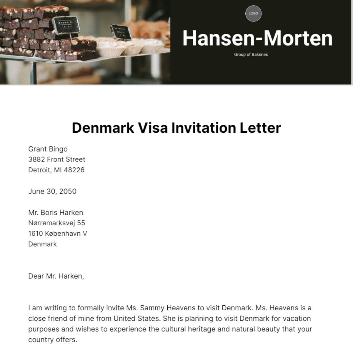 Denmark Visa Invitation Letter Template