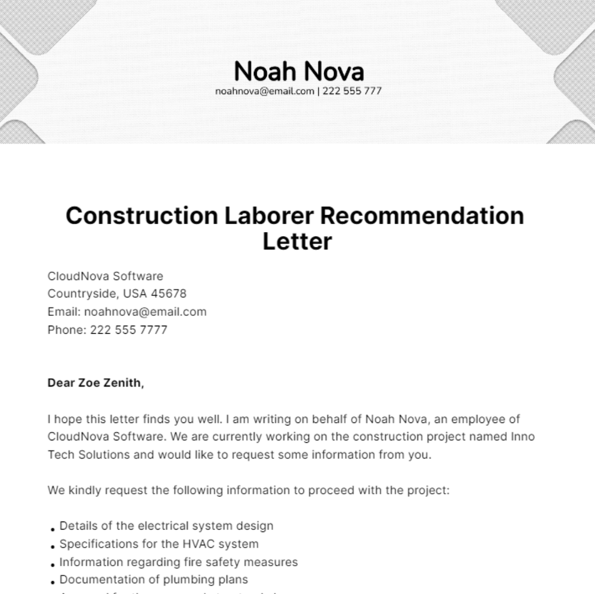 Free Construction Laborer Recommendation Letter Template