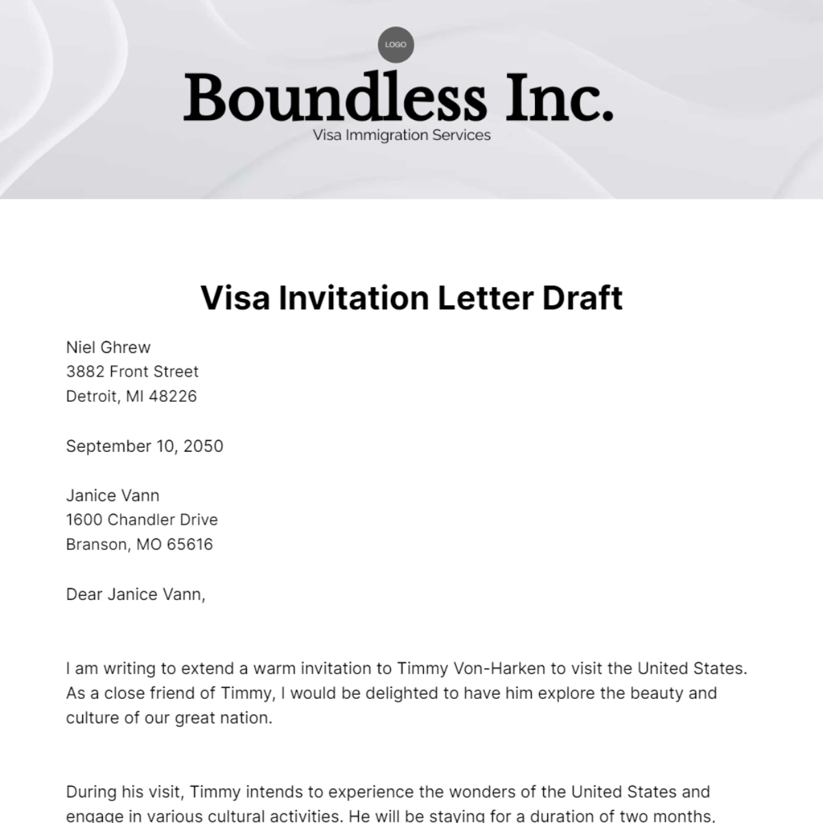 Visa Invitation Letter Draft Template