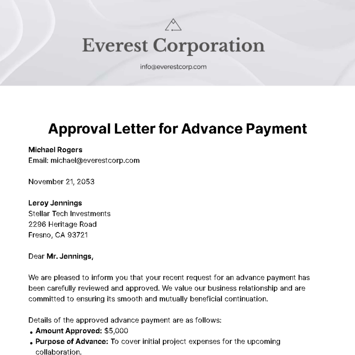 Free Approval Letter for Advance Payment  Template