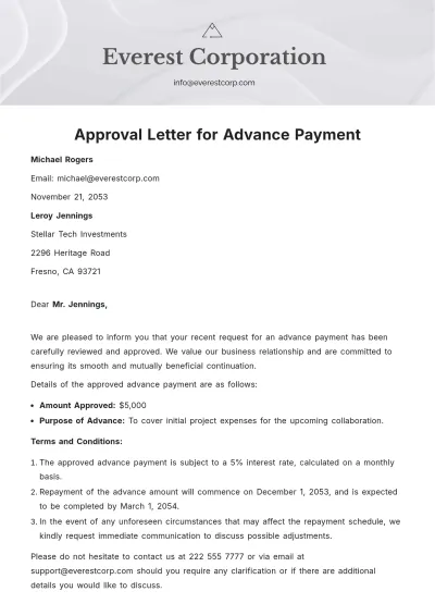 Free Approval Letter for Advance Payment  Template to Edit Online