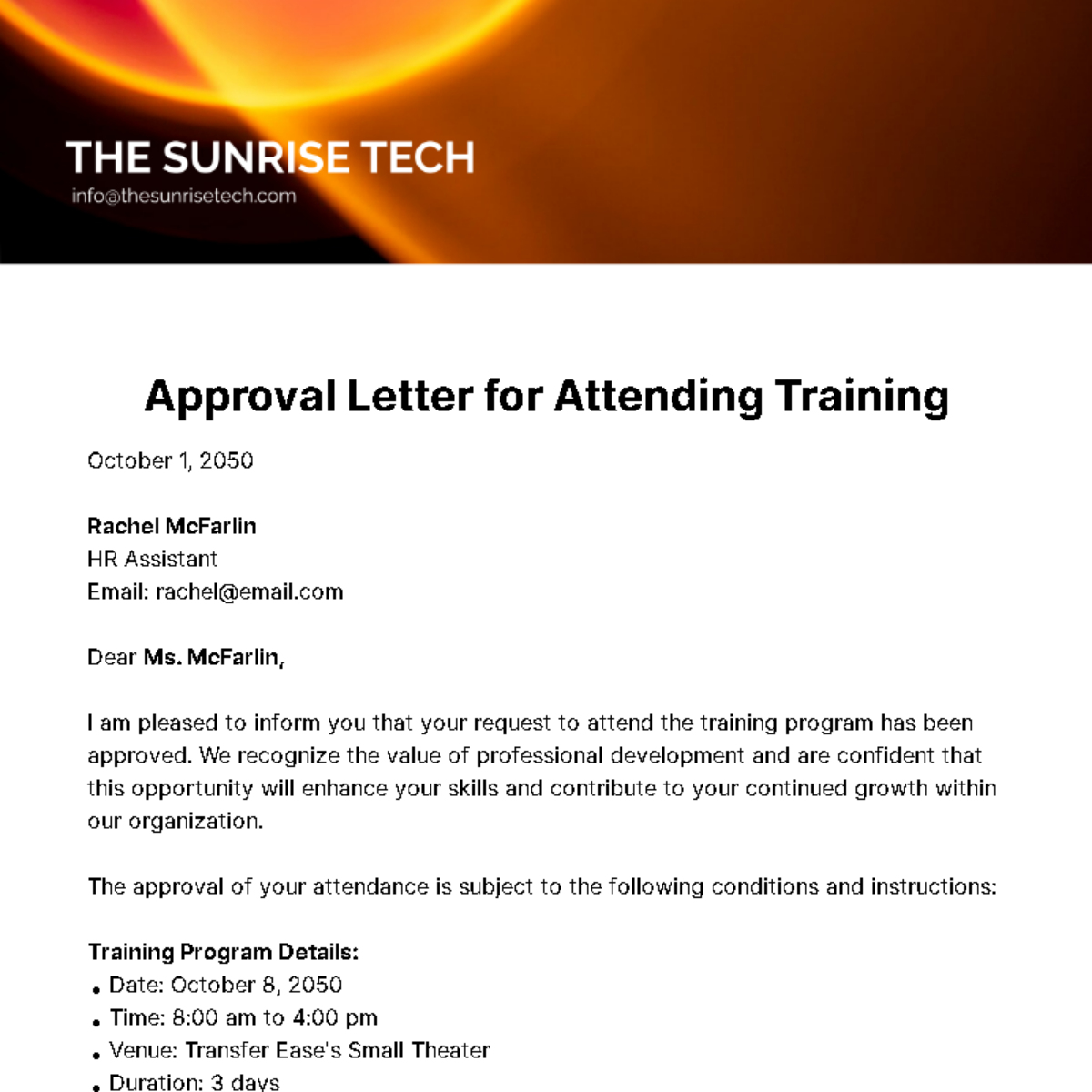 Free Approval Letter for Attending Training  Template