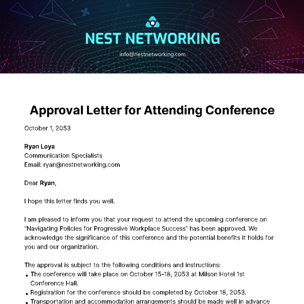 Free Approval Letter for Attending Conference  Template
