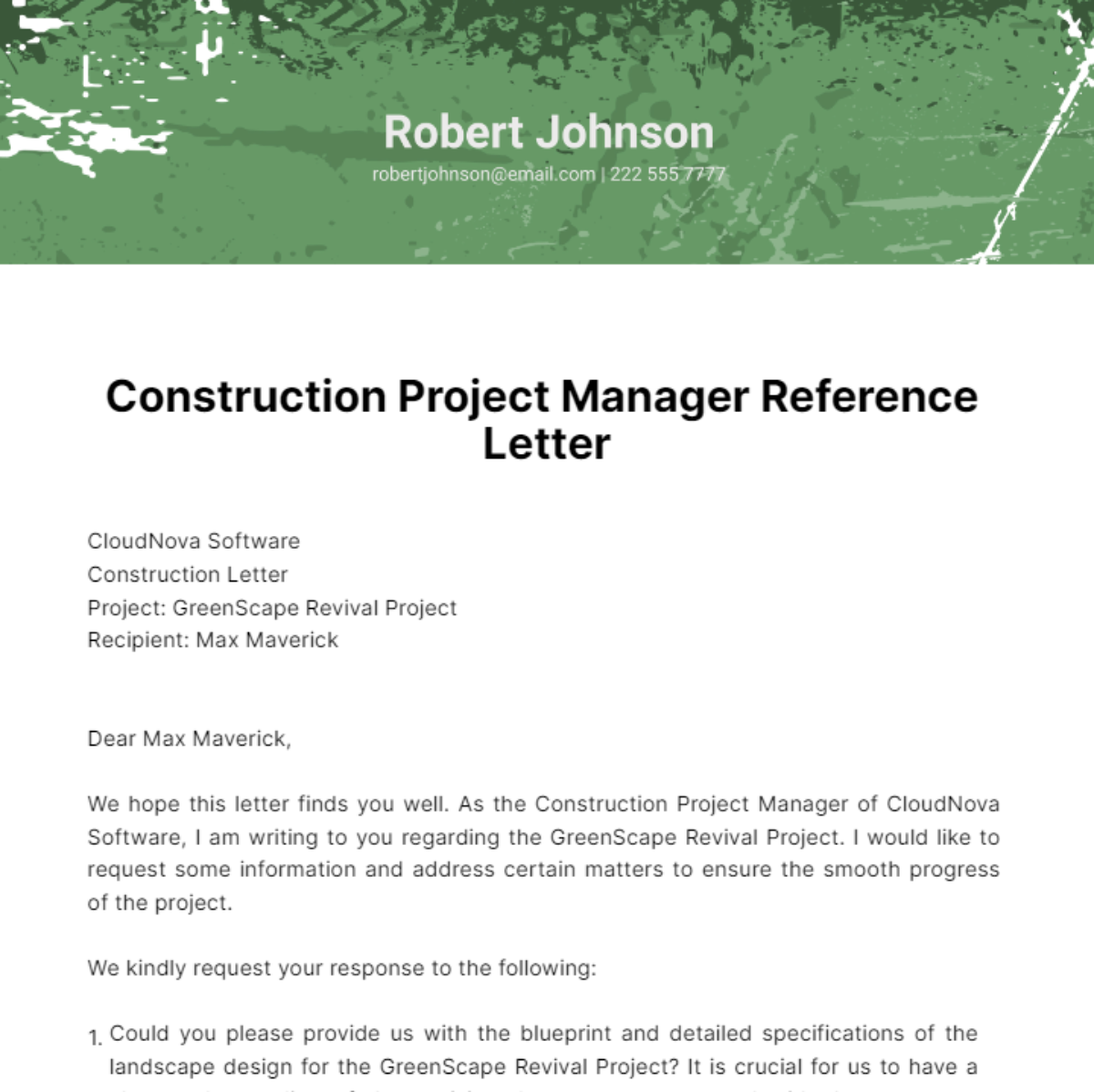 Construction Project Manager Reference Letter Template