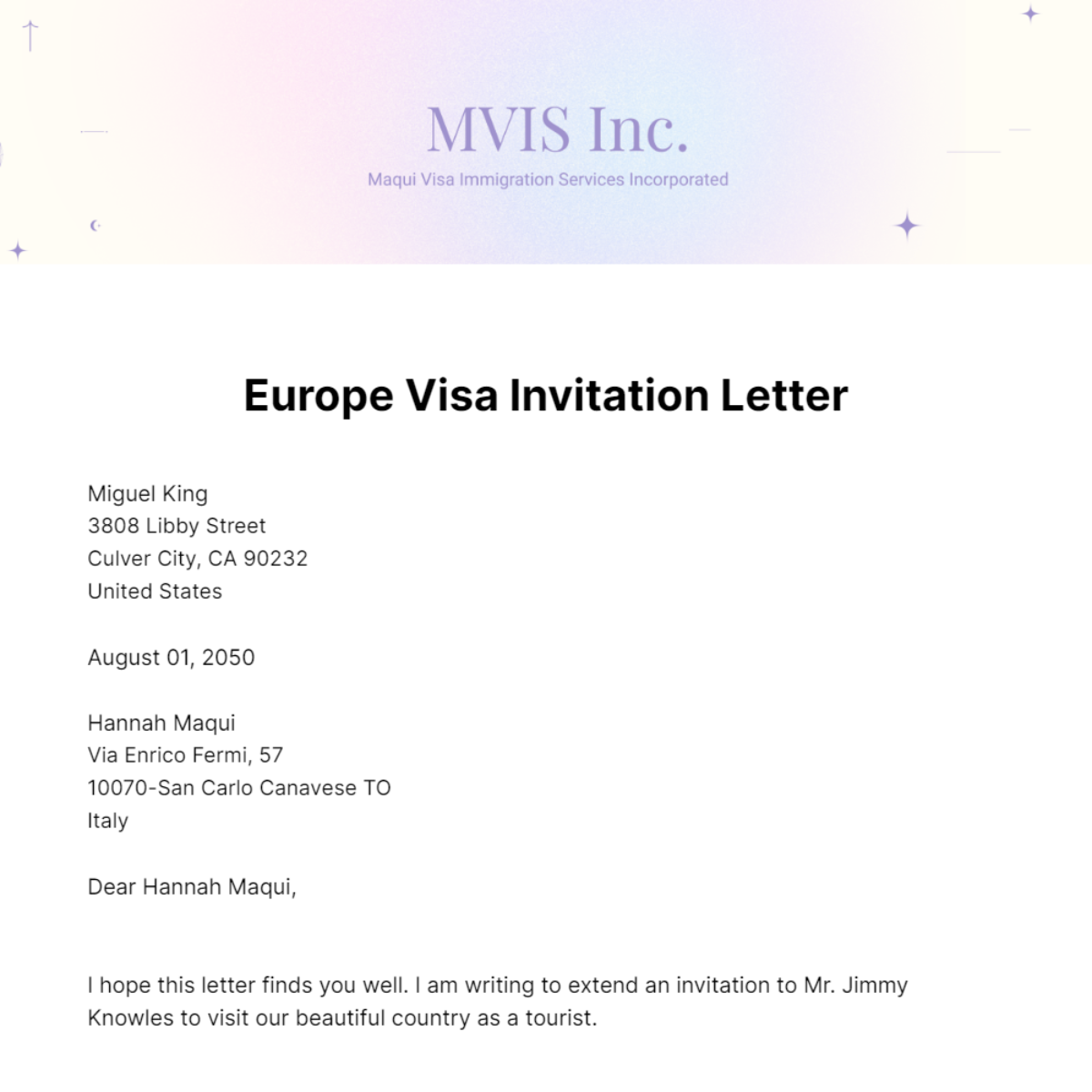 Europe Visa Invitation Letter Template