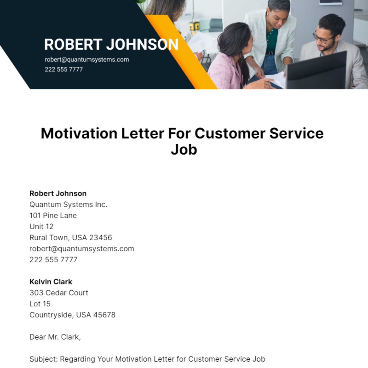 Motivation Letter For Customer Service Job Template