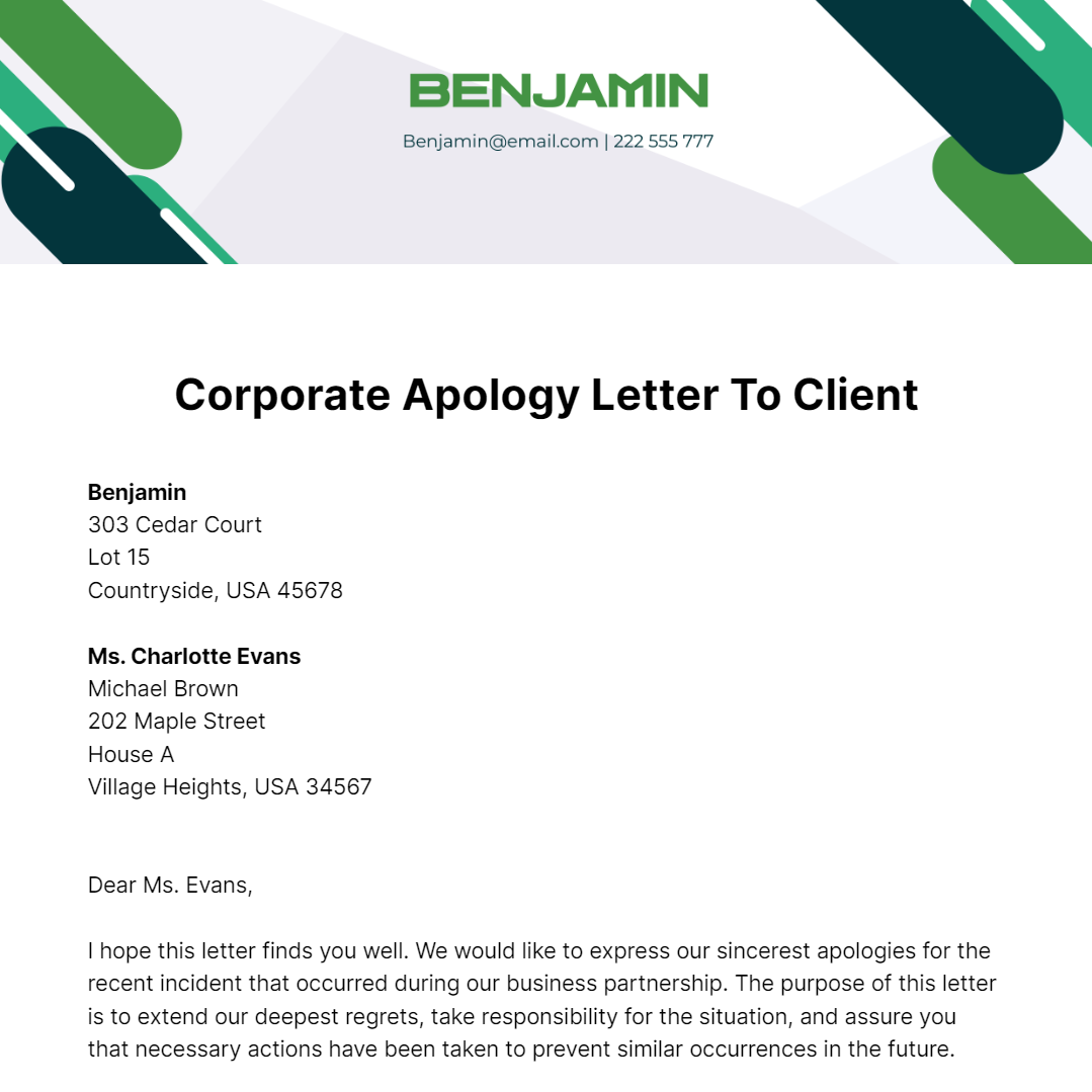 Corporate Apology Letter To Client Template
