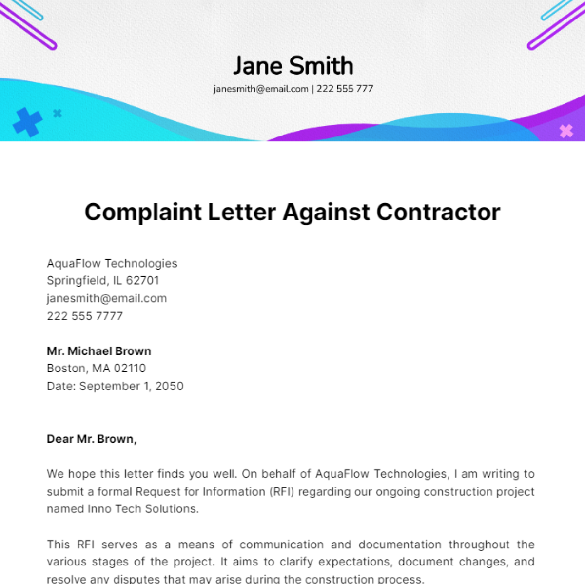 Complaint Letter Against Contractor Template