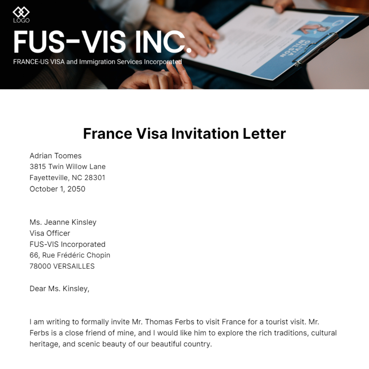 France Visa Invitation Letter Template