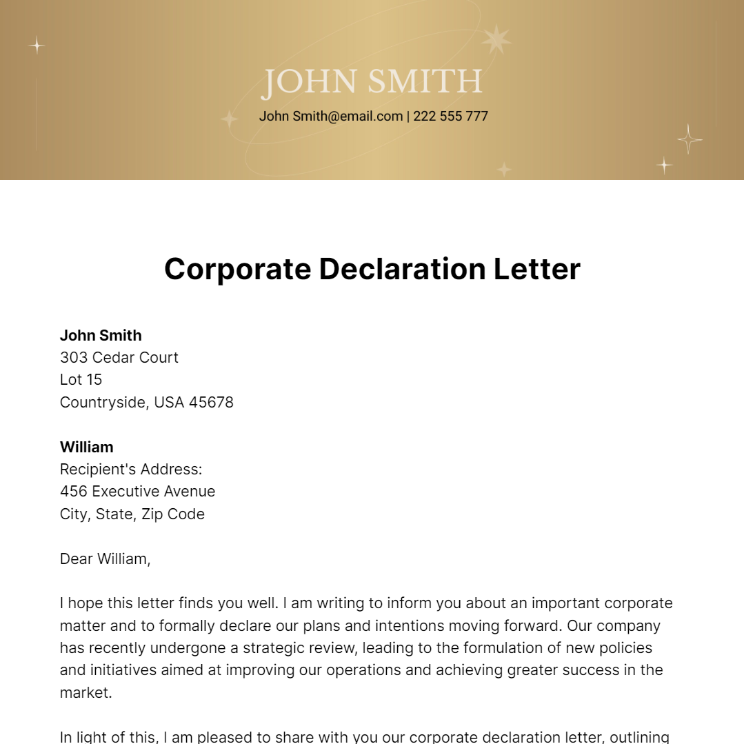 Free Corporate Declaration Letter Template