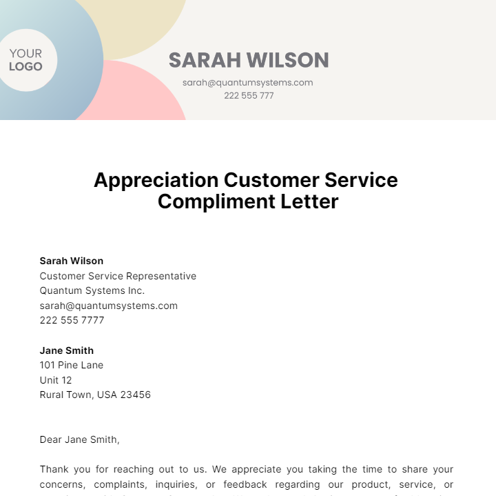 Appreciation Customer Service Compliment Letter Template