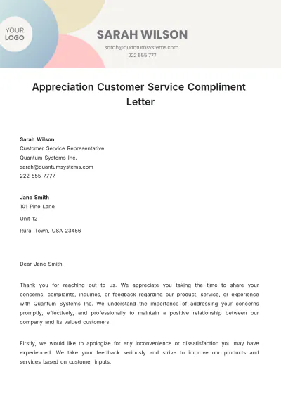 Free Appreciation Customer Service Compliment Letter Template to Edit Online