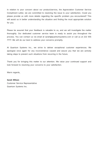 Free Appreciation Customer Service Compliment Letter Template to Edit Online