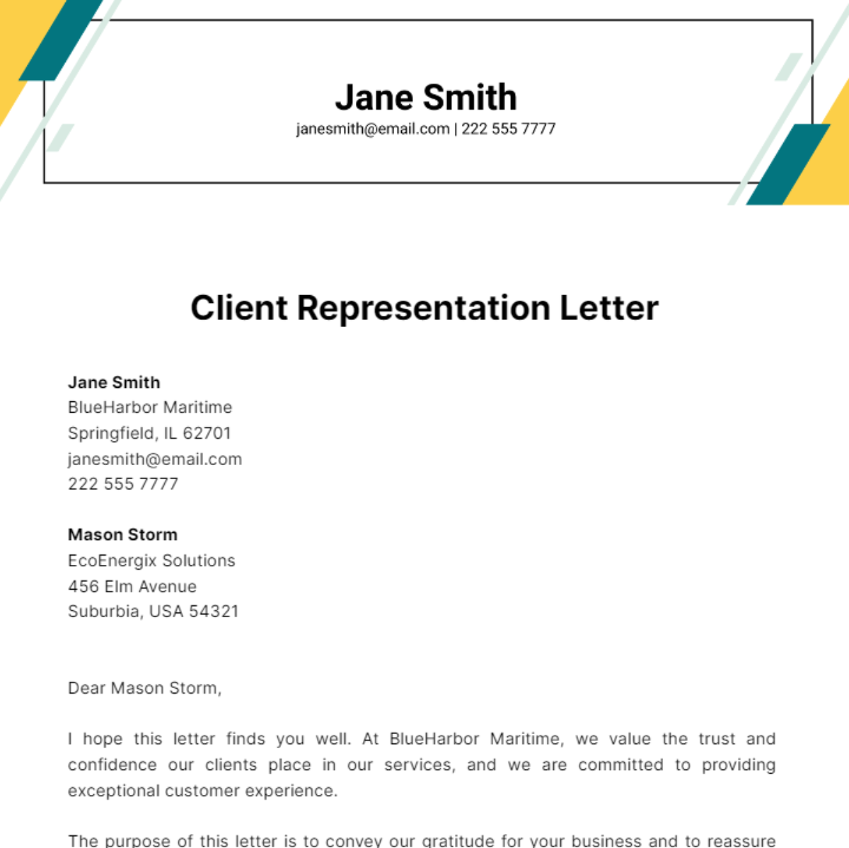 Client Representation Letter Template