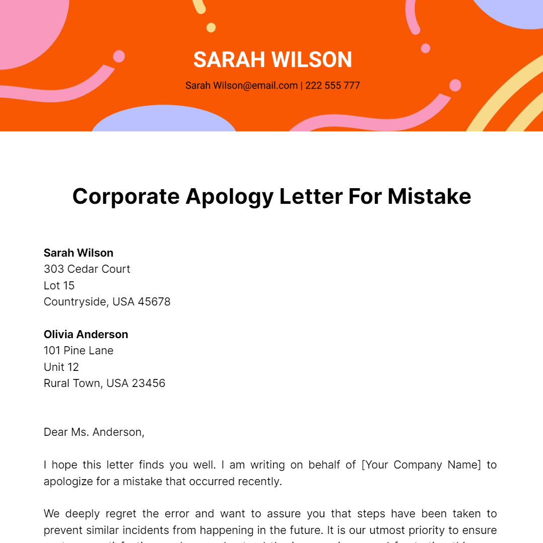 Corporate Apology Letter For Mistake Template