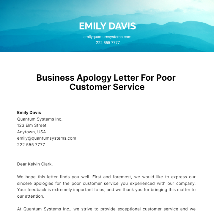 Business Apology Letter For Poor Customer Service Template