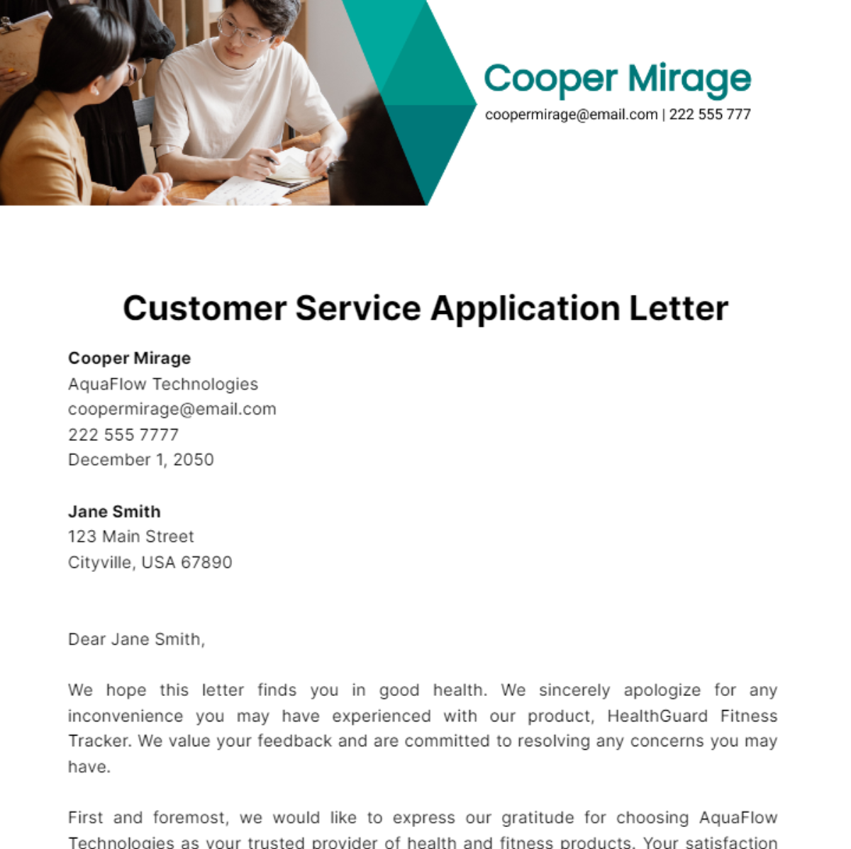 Customer Service Application Letter Template