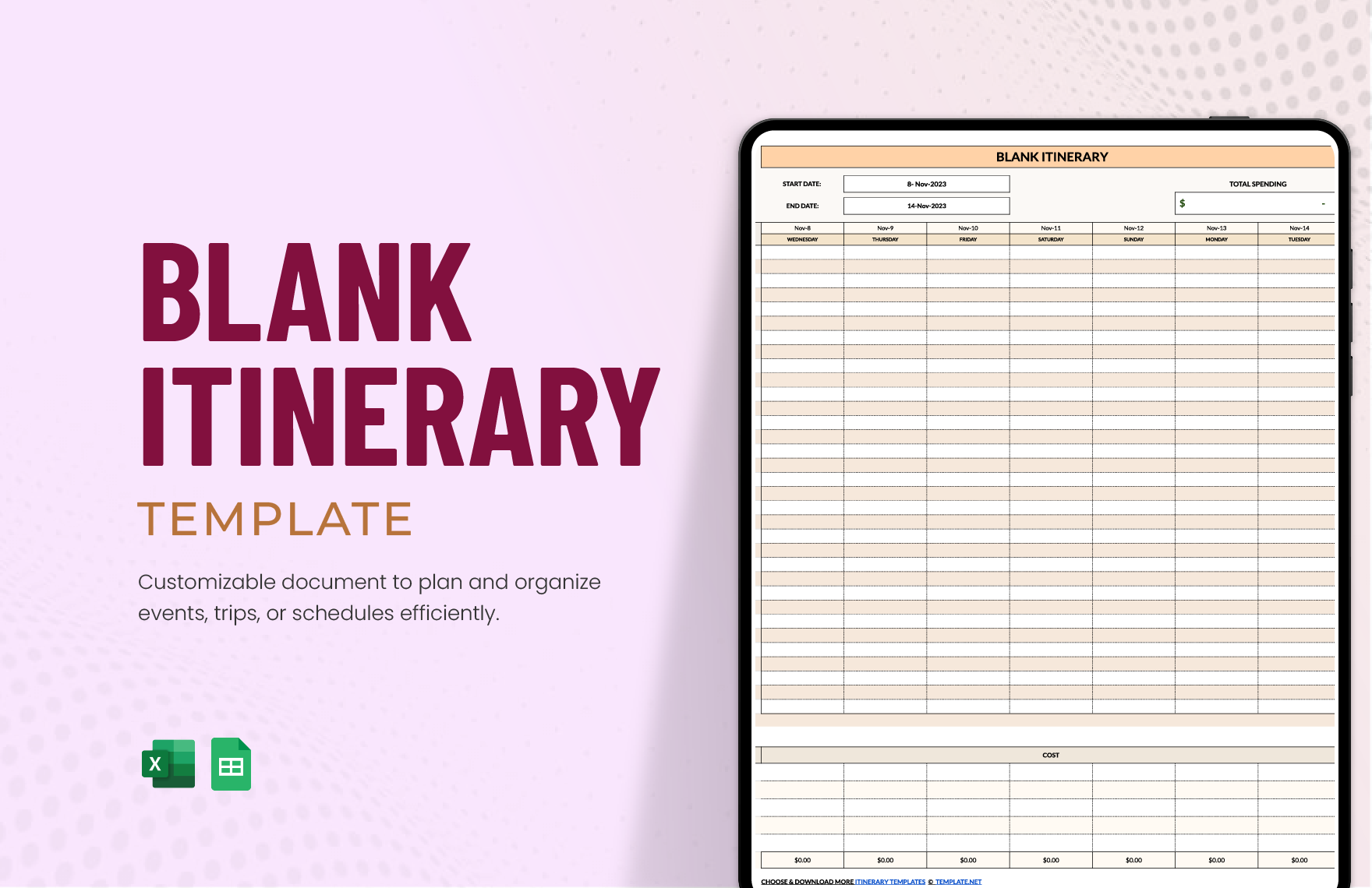 Free Blank Itinerary Template in Excel, Google Sheets