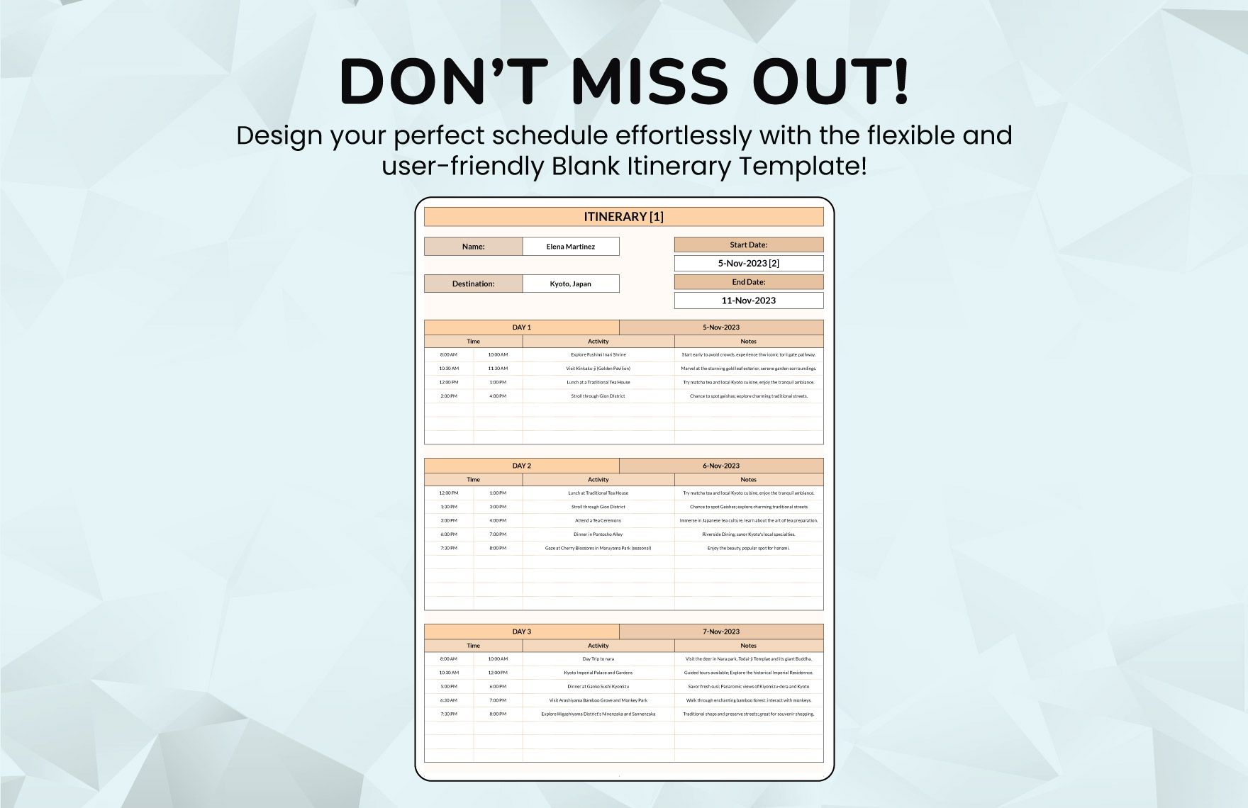 Blank Itinerary Template