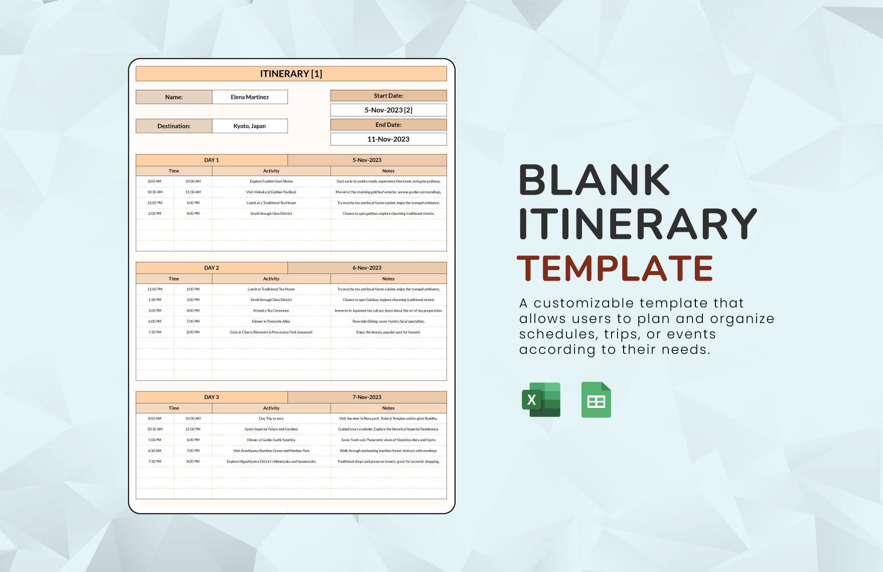 Free Blank Itinerary Template in Excel, Google Sheets