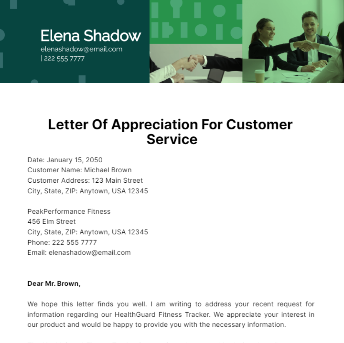 Letter Of Appreciation For Customer Service Template