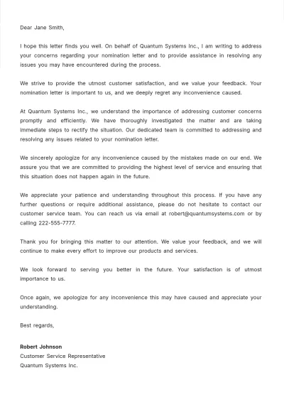 Free Customer Service Nomination Letter Template to Edit Online
