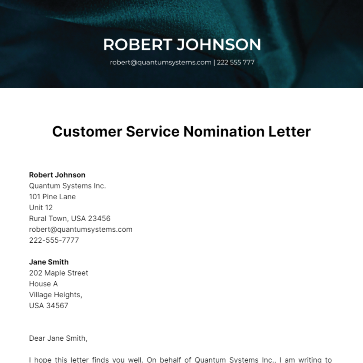 Customer Service Nomination Letter Template