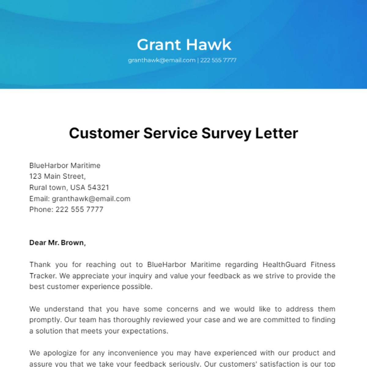 Customer Service Survey Letter Template