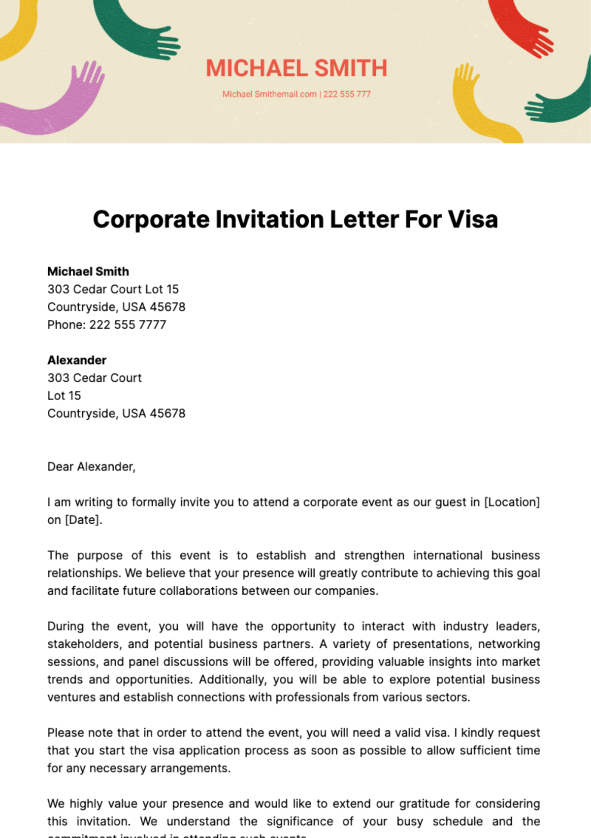 Free Corporate Invitation Letter For Visa Template