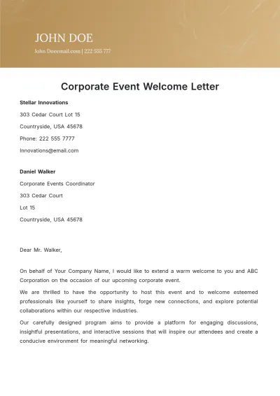 Free Corporate Event Welcome Letter Template to Edit Online