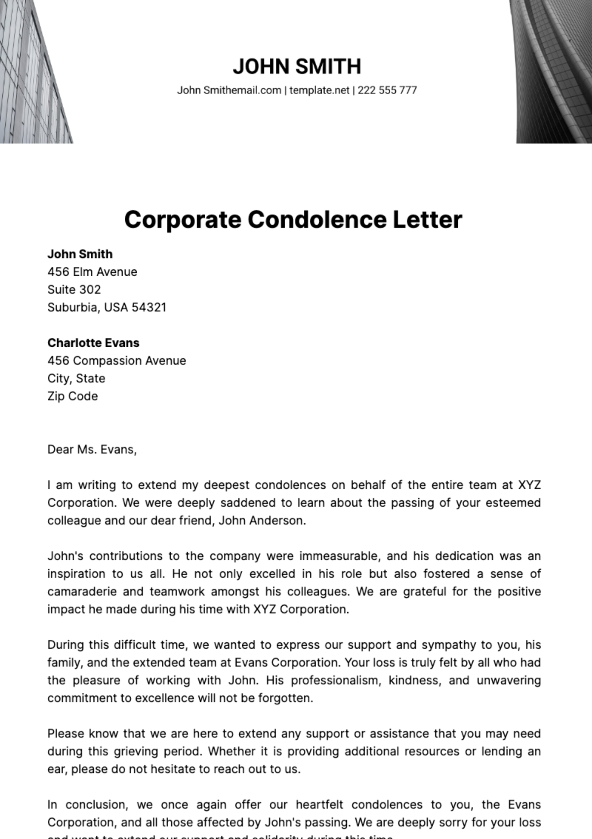 Corporate Condolence Letter Template