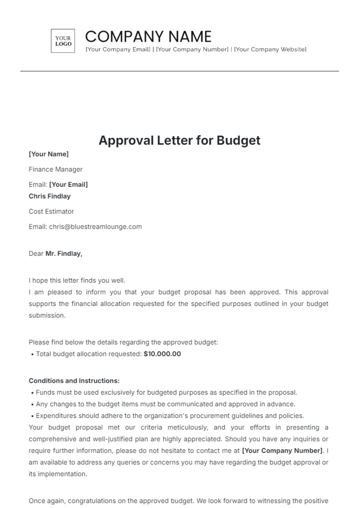 Free Approval Letter for Budget Template to Edit Online