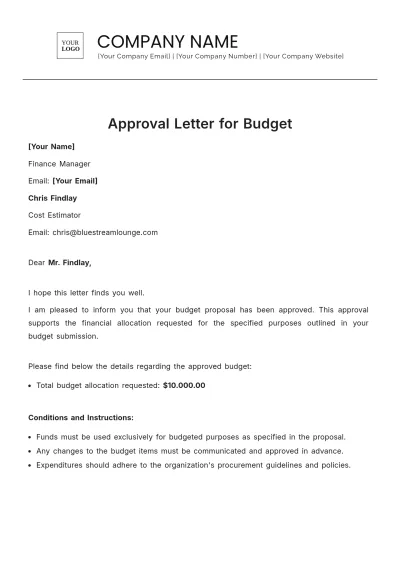 Free Approval Letter for Budget  Template to Edit Online