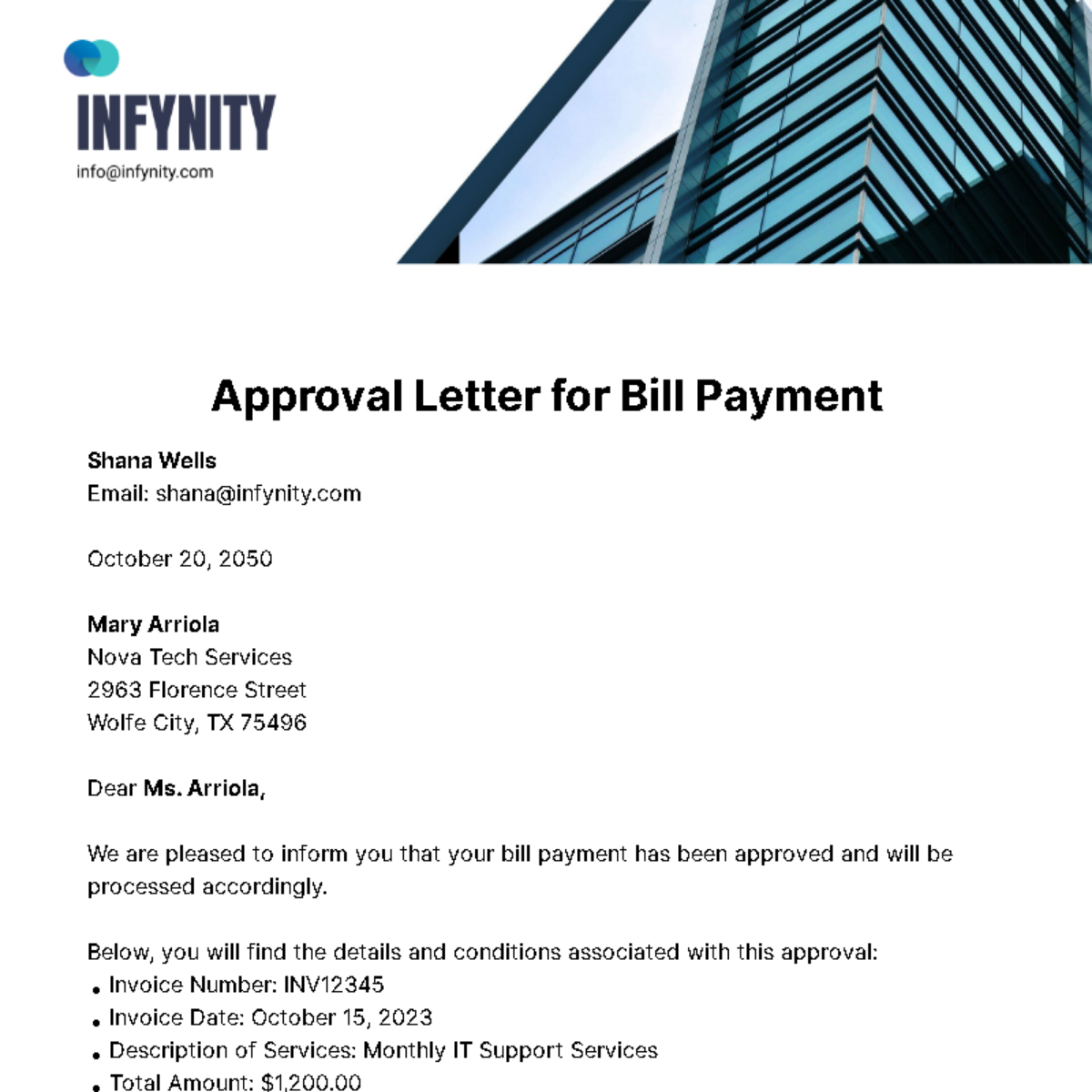 Free Approval Letter for Bill Payment  Template