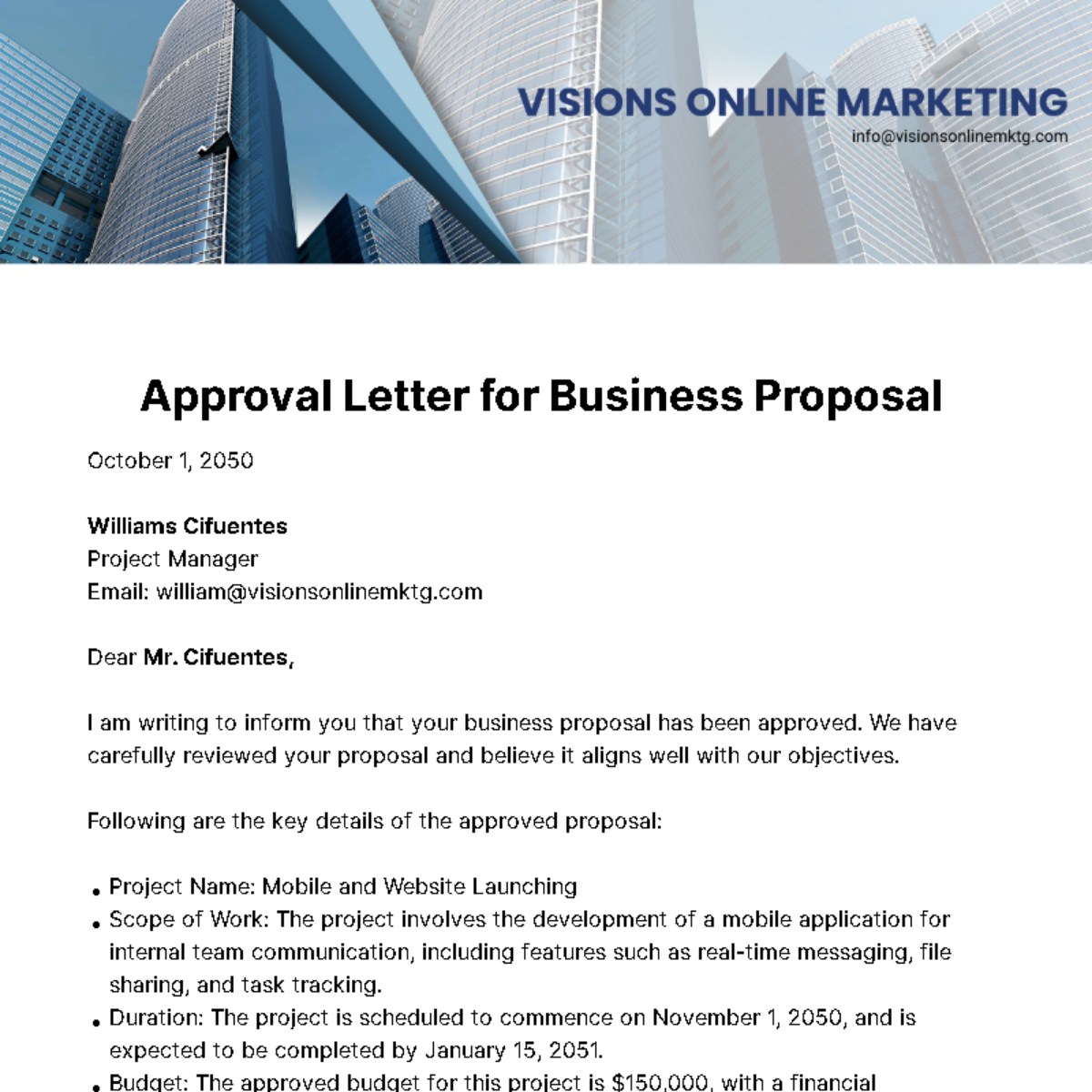 Approval Letter for Business Proposal  Template