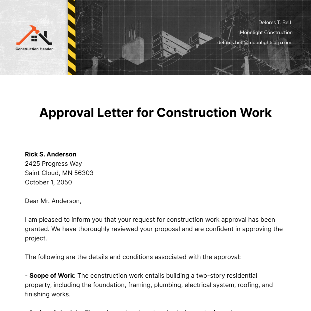 Free Approval Letter for Construction Work  Template