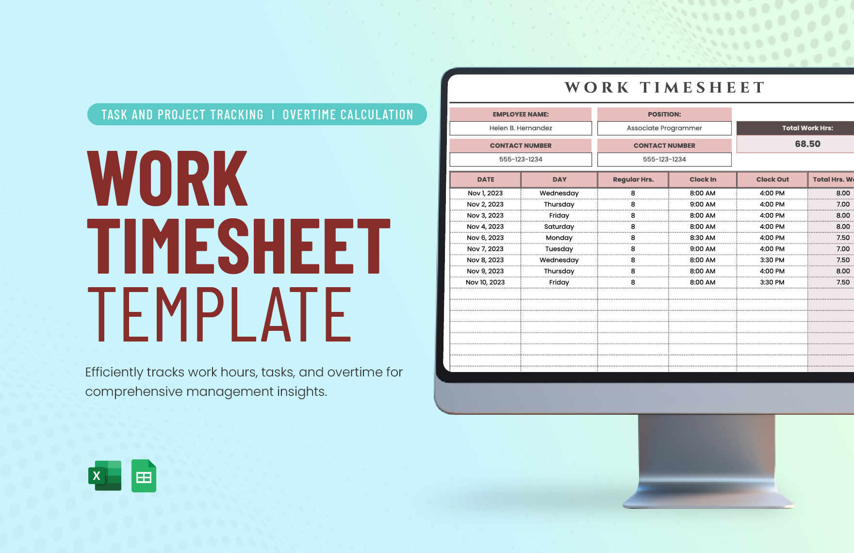 Work Timesheet Template in Excel, Google Sheets