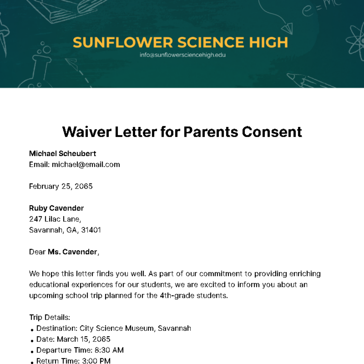 Free Waiver Letter for Parents Consent Template